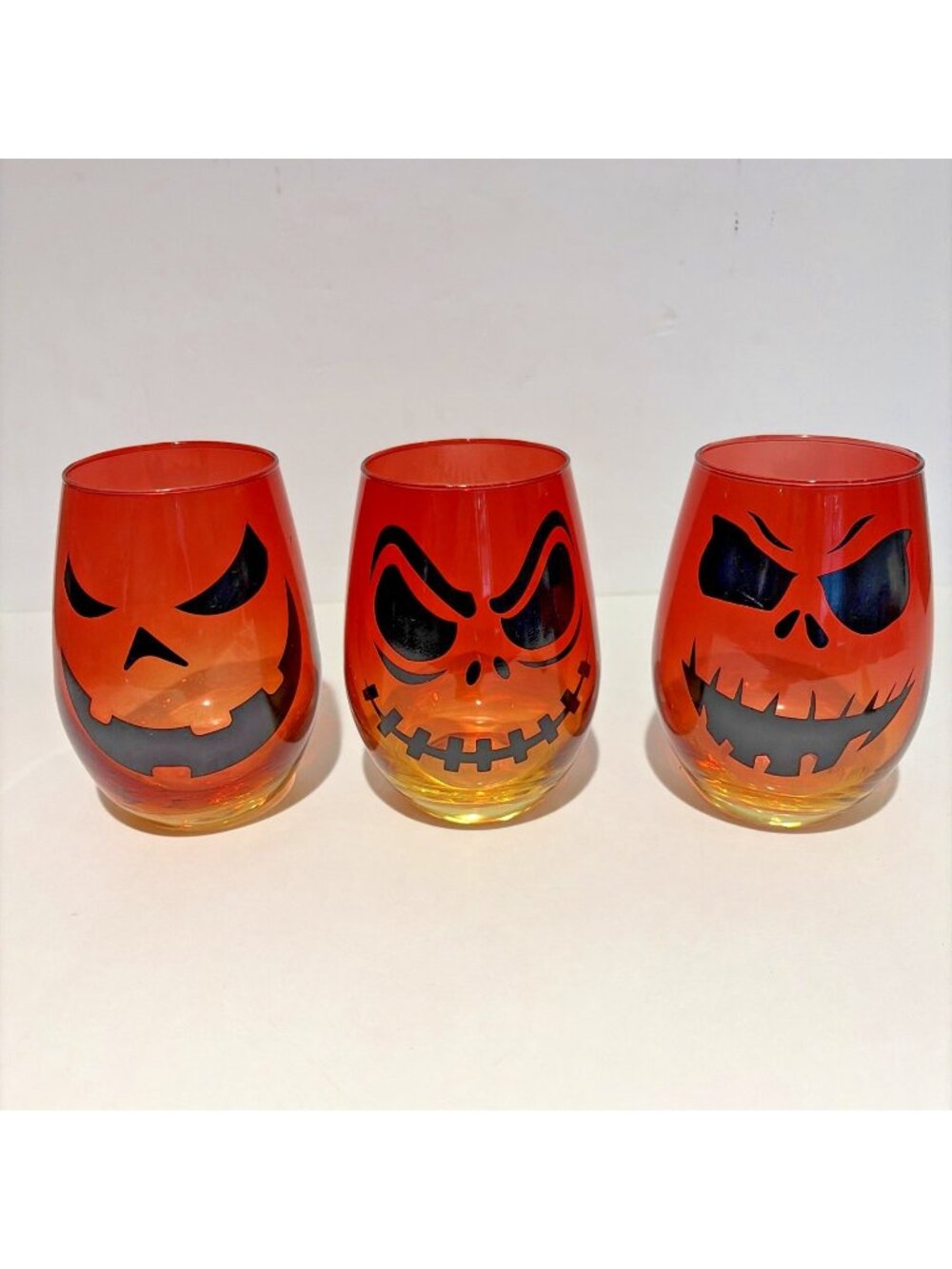 Halloween Jack-O-Lantern Glasses Tumbler Stemless Water Wine Ombre Set of 3
